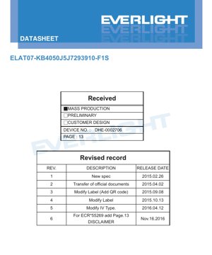 Jalada ya PDF - ELAT07-KB4050J5J7293910-F1S LED Datasheet - Kifurushi 7.0x?x?mm - Voltage 2.95-3.95V - Nguvu 3.85W - Cool White 4000-5000K - English Technical Document