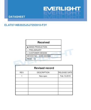PDF Document Cover - ELAT07-NB2025J5J7293910-F3Y LED Datasheet - Warm White - 200lm @ 1A - 2.95-3.95V - English Technical Document