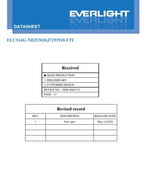 PDF Document Cover - ELCS14G-NB2530J6J7293910-F3Y LED Datasheet - Package 2.5x3.0mm - Voltage 2.95-3.95V - Luminous Flux 220lm @1A - Warm White 2500-3000K - English Technical Document