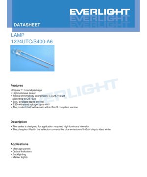 PDF Document Cover - T-1 3mm White LED Lamp Datasheet - 3.0mm Dia. x 5.0mm H - 2.8-4.0V Forward Voltage - 30mA Continuous Current - 110mW Power Dissipation - English Technical Document