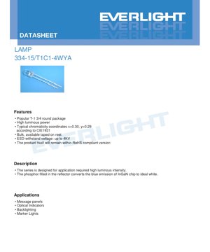 PDF Document Cover - T1-3/4 LED Lamp 334-15/T1C1-4WYA Datasheet - 5mm Package - 3.2V Typ - 15 deg Viewing Angle - White Light - English Technical Document