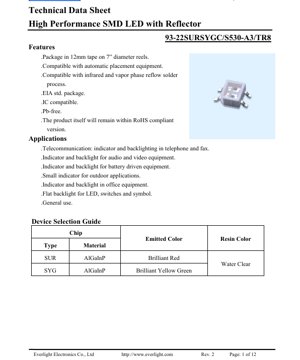 Обложка PDF-документа - Технический даташит SMD светодиода 93-22SURSYGC/S530-A3/TR8 - 3.2x2.8x1.9мм - Напряжение 2.0-2.4В - Ярко-красный/желто-зеленый