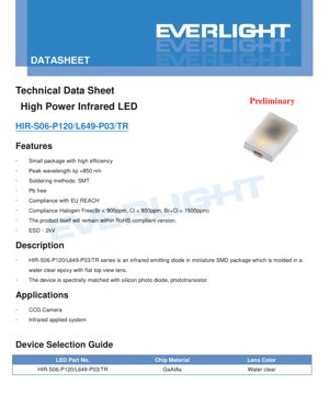 PDF Document Cover - HIR-S06-P120/L649-P03/TR Infrared LED Datasheet - 850nm - 3.45V - 1A - 890mW - SMD Package
