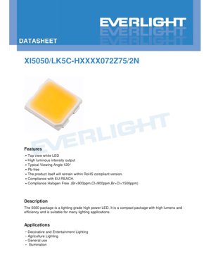 Couverture du document PDF - Fiche technique LED blanche XI5050 - 5,0x5,0x1,6mm - Tension 6,0-7,2V - Puissance 5,4W - Blanc froid/neutre/chaud - Document technique FR