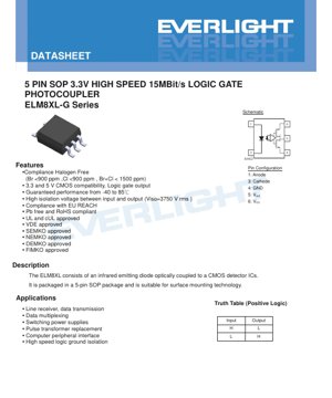 PDF Document Cover - ELM8XL-G Series Photocoupler Datasheet - 5-Pin SOP Package - 3.3V/5V Supply - 15MBit/s Speed - English Technical Documentation