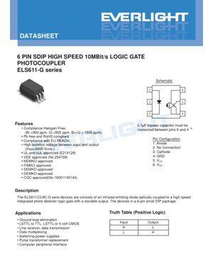 PDF Document Cover - 6-Pin SDIP High Speed 10MBit/s Logic Gate Photocoupler ELS611-G Series Datasheet - English Technical Document