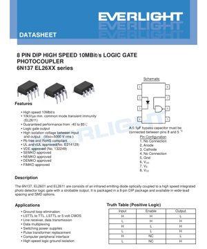 PDF Belge Kapağı - 6N137 EL26XX Serisi Foto Kuplör Veri Sayfası - 8 Bacaklı DIP Paketi - Yüksek Hız 10Mbit/s - 5000Vrms İzolasyon - Türkçe Teknik Doküman
