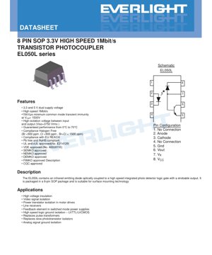 PDF Document Cover - EL050L Series Photocoupler Datasheet - 8-Pin SOP Package - 3.3V/5V Dual Supply - 1Mbit/s Speed - High Isolation - English Technical Document