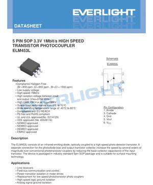PDF Document Cover - 5-Pin SOP 3.3V 1Mbit/s High-Speed Transistor Photocoupler ELM453L Datasheet - Package 4.9x6.0x1.75mm - Voltage 3.3V - English Technical Document