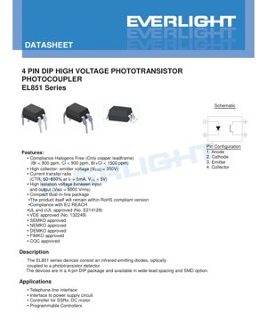 Couverture du document PDF - Fiche technique de l'optocoupleur phototransistor haute tension série EL851 - Boîtier DIP 4 broches 6.35x4.57x3.3mm - VCEO 350V - CTR 50-600% - Documentation technique