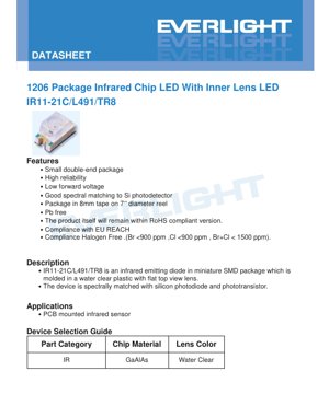 PDF Document Cover - IR LED 1206 Package Datasheet - Size 3.2x1.6x1.1mm - Voltage 1.7V - Power 110mW - Infrared 940nm - English Technical Document