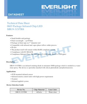 PDF Document Cover - SMD Infrared LED 0603 Package - 1.6x0.8x0.8mm - Peak Wavelength 870nm - 65mA - 110mW - Technical Datasheet