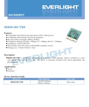 PDF Document Cover - IRR60-48C/TR8 LED Datasheet - Size 6.0x4.8x1.1mm - Voltage 1.4-2.1V - Power 50-70mW - Dual Wavelength 660nm/905nm - English Technical Document