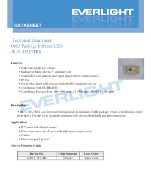 PDF Document Cover - IR19-315C/TR8 0603 SMD Infrared LED Datasheet - Dimensions 1.6x0.8x0.6mm - Wavelength 940nm - Power 130mW - English Technical Document