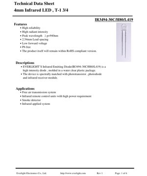 غلاف مستند PDF - ورقة بيانات الصمام الثنائي الباعث للأشعة تحت الحمراء IR3494-30C/H80/L419 - عبوة T-1 3/4 بقطر 4 مم - الطول الموجي 940 نانومتر - جهد التشغيل الأمامي 1.2 فولت - شدة الإشعاع 3.5 مللي واط/ستراديان - وثيقة تقنية باللغة العربية