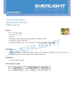 Capa do documento PDF - Ficha Técnica do LED Infravermelho HIR89-01C/1R - 3.0x2.8x1.9mm - 1.55V - 850nm - 100mW - Documento Técnico em Português