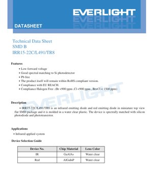 غلاف مستند PDF - ورقة بيانات LED من نوع SMD - IRR15-22C/L491/TR8 - عبوة 3.0x1.6x1.1 مم - جهد أمامي 1.3 فولت (أشعة تحت حمراء)/1.9 فولت (أحمر) - طاقة 100 مللي واط (أشعة تحت حمراء)/130 مللي واط (أحمر) - وثيقة تقنية باللغة العربية