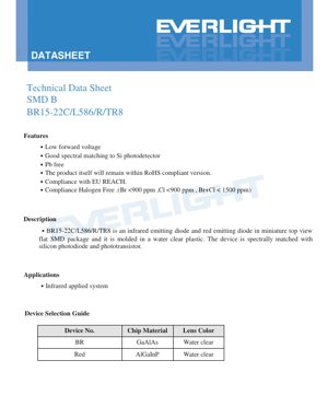 PDF Document Cover - SMD LED BR15-22C/L586/R/TR8 Datasheet - Package 3.2x1.6x1.1mm - Voltage 1.3-2.6V - Power 100-125mW - Infrared 905nm & Red 660nm - English Technical Document