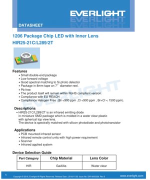 PDF Document Cover - 1206 Package Chip LED with Inner Lens HIR25-21C/L289/2T Datasheet - Size 3.2x1.6x1.1mm - Voltage 1.4V - Power 130mW - Infrared 850nm - English Technical Document