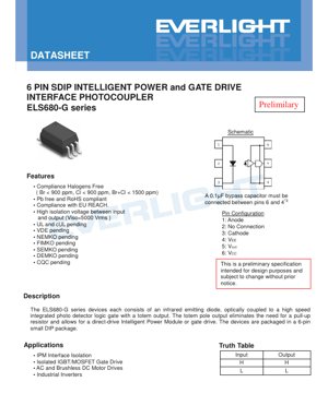 PDF Document Cover - 6-Pin SDIP Intelligent Power and Gate Drive Interface Photocoupler ELS680-G Series Datasheet - High Isolation 5000Vrms - English Technical Document
