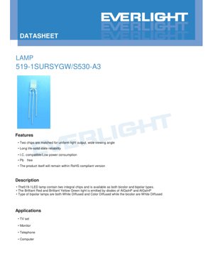 جلد سند PDF - دیتاشیت LED لامپ 519-1SURSYGW/S530-A3 - دو رنگ/دو قطبی - ولتاژ 2.0V - توان 60mW - قرمز درخشان/زرد سبز - سند فنی فارسی