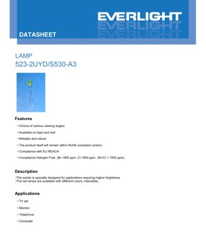 PDF Document Cover - LED Lamp 523-2UYD/S530-A3 Datasheet - 5mm Round - Voltage 2.0V - Brilliant Yellow - 60mW - English Technical Document