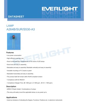 PDF Document Cover - LED Lamp Array A264B/SUR/S530-A3 Datasheet - Brilliant Red - 20mA - 125mcd - English Technical Document