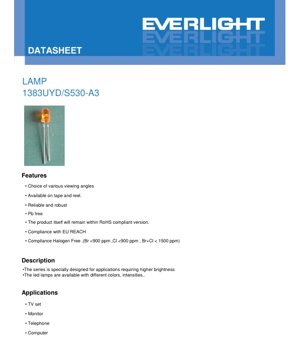 PDF Document Cover - LED Lamp 1383UYD/S530-A3 Specification - Brilliant Yellow - 20mA - 800mcd - English Technical Document
