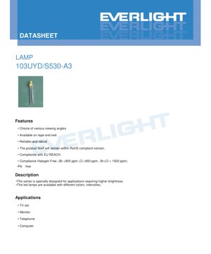 PDF Belge Kapağı - LED Lamba 103UYD/S530-A3 Teknik Şartnamesi - Parlak Sarı - 20mA - 2.0V - Türkçe Teknik Doküman