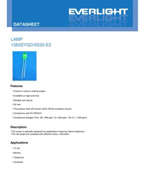PDF Document Cover - LED Lamp 1383SYGD/S530-E2 Specification - Brilliant Yellow Green - 20mA - 2.0V Typ - English Technical Document