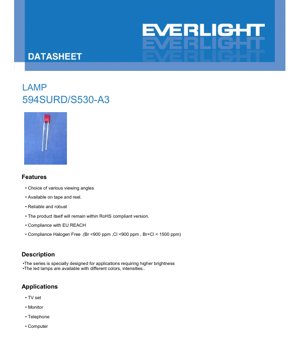 PDF Document Cover - LED Lamp 594SURD/S530-A3 Datasheet - Brilliant Red - 20mA - 60mW - English Technical Document