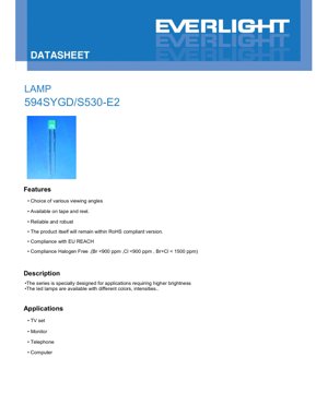 Portada del documento PDF - Hoja de Datos de Lámpara LED 594SYGD/S530-E2 - Amarillo Verde Brillante - 20mA - 2.0V - Documento Técnico en Español