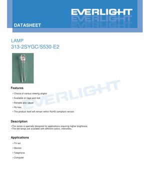 PDF Document Cover - LED Lamp 313-2SYGC/S530-E2 Datasheet - Brilliant Yellow Green - 20mA - 500mcd - English Technical Document