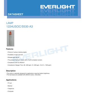 PDF Document Cover - LED Lamp 1224 USOC/S530-A3 Datasheet - Super Sunset Orange - 25mA - 60mW - English Technical Document