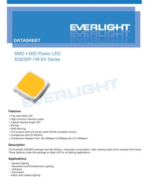 PDF Document Cover - SMD LED XI3030P-1W-6V Series Datasheet - 3.0x3.0x0.7mm - 6.6V Max - 1W - White - English Technical Document