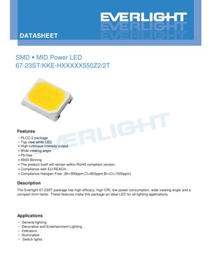 PDF Document Cover - SMD Mid-Power LED 67-23ST Datasheet - PLCC-2 Package - Voltage 55V max - White Light - English Technical Document