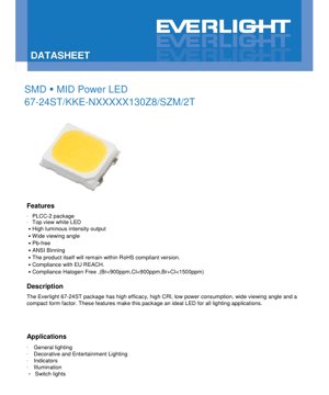 PDF Document Cover - SMD Mid-Power LED 67-24ST Datasheet - PLCC-2 Package - Forward Voltage 13.0V Max - 80mA - White Light - English Technical Documentation