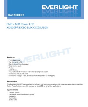 جلد سند PDF - دیتاشیت فنی LED میان‌توان XI3030PF - بسته‌بندی PLCC-2 - 3.0x3.0x1.1 میلی‌متر - حداکثر 2.8 ولت - 65 میلی‌آمپر - سفید سرد/خنثی/گرم