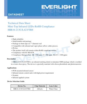 PDF Document Cover - HIR16-213C/L423/TR8 Mini-Top Infrared LED Datasheet - SMD Package - 850nm Peak Wavelength - 145° View Angle - English Technical Document