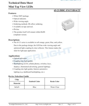 PDF Document Cover - Mini Top View LED 65-21 Series - Dimensions 2.0x1.25x0.7mm - Voltage 2.7-3.5V - Blue Color - 0.11W Power - English Technical Document