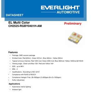 PDF Document Cover - CH2525-RGBY0401H-AM LED Datasheet - SMD Ceramic Package - Red 623nm Green 527nm Blue 460nm Yellow 590nm - 40mA - Automotive Grade