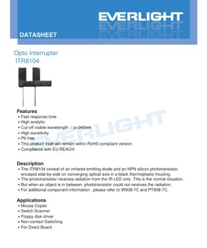 PDF Document Cover - ITR8104 Opto Interrupter Datasheet - 940nm Infrared - 5V/20mA - English Technical Document