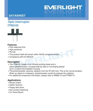 Обложка PDF-документа - Техническая документация на оптопрерыватель ITR8102 - Габариты корпуса 4.8x4.8x3.2мм - Прямое напряжение 1.25В - Пиковая длина волны 940нм