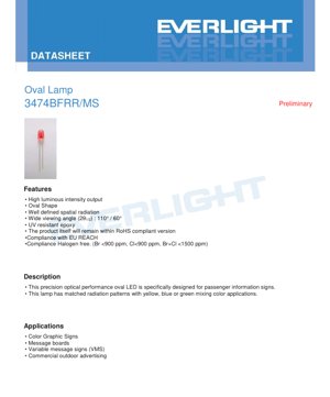 PDF Document Cover - Oval LED Lamp 3474BFRR/MS Datasheet - Oval Shape - 2.6V Max - 30mA - Brilliant Red - English Technical Document