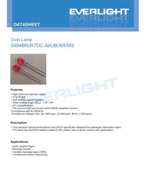 PDF Document Cover - Oval LED Lamp 5484BN Datasheet - Oval Shape - Viewing Angle 110°/40° - Forward Voltage 1.8-2.4V - Luminous Intensity 1220-2040mcd - English Technical Document