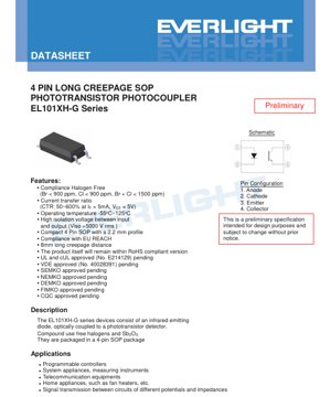PDF文書カバー - EL101XH-G フォトトランジスタ フォトカプラ データシート - 4ピンSOPパッケージ - 8mm沿面距離 - 5000Vrms絶縁耐圧 - ハロゲンフリー - 日本語技術文書