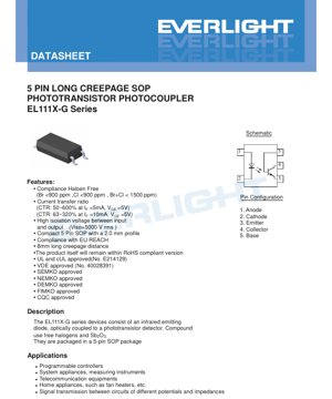 PDF Document Cover - EL111X-G Series Phototransistor Photocoupler Datasheet - 5-Pin SOP Package - 8mm Creepage - Isolation 5000Vrms - English Technical Document