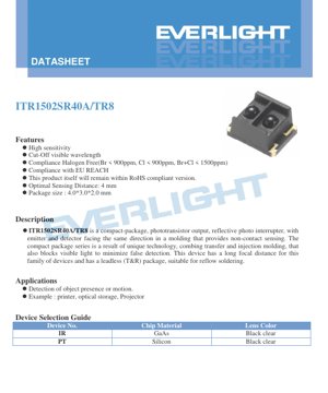 PDF Document Cover - ITR1502SR40A/TR8 Reflective Photo Interrupter Datasheet - Size 4.0x3.0x2.0mm - Forward Voltage 1.2V - Power Dissipation 75mW - Black Clear Lens - English Technical Document
