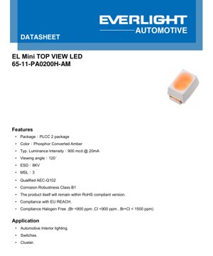 Kifuniko cha Hati ya PDF - Karatasi ya Data ya LED ya Amber ya PLCC-2 - Amber Iliyobadilishwa na Fosforasi - Pembe ya Kuona ya 120° - 3.0V @ 20mA - Daraja la Magari