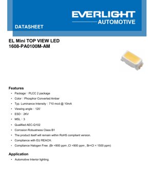 PDF Document Cover - 1608 PLCC-2 Amber LED Datasheet - Size 1.6x0.8mm - Voltage 2.85V - Luminous Intensity 710mcd - English Technical Document